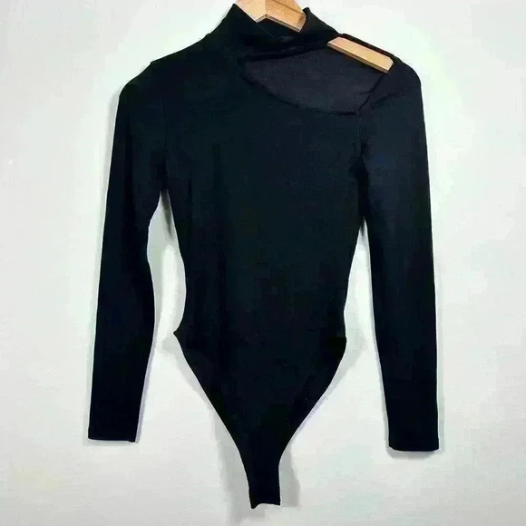 ZARA Shoulder Cutout Black Long Sleeve Bodysuit High Cut Thong Women Small - Picture 1 of 8